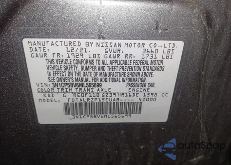 2021 Nissan Kicks S Xtronic Cvt из США, поврежденный, VIN 3N1CP5BV6ML565699